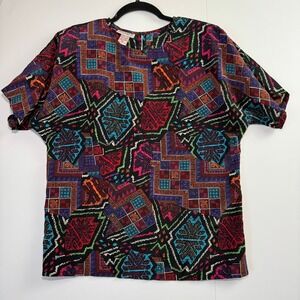Vintage Poet Women Multi Color Geometric Abstract Print Short Sleeve Blouse M